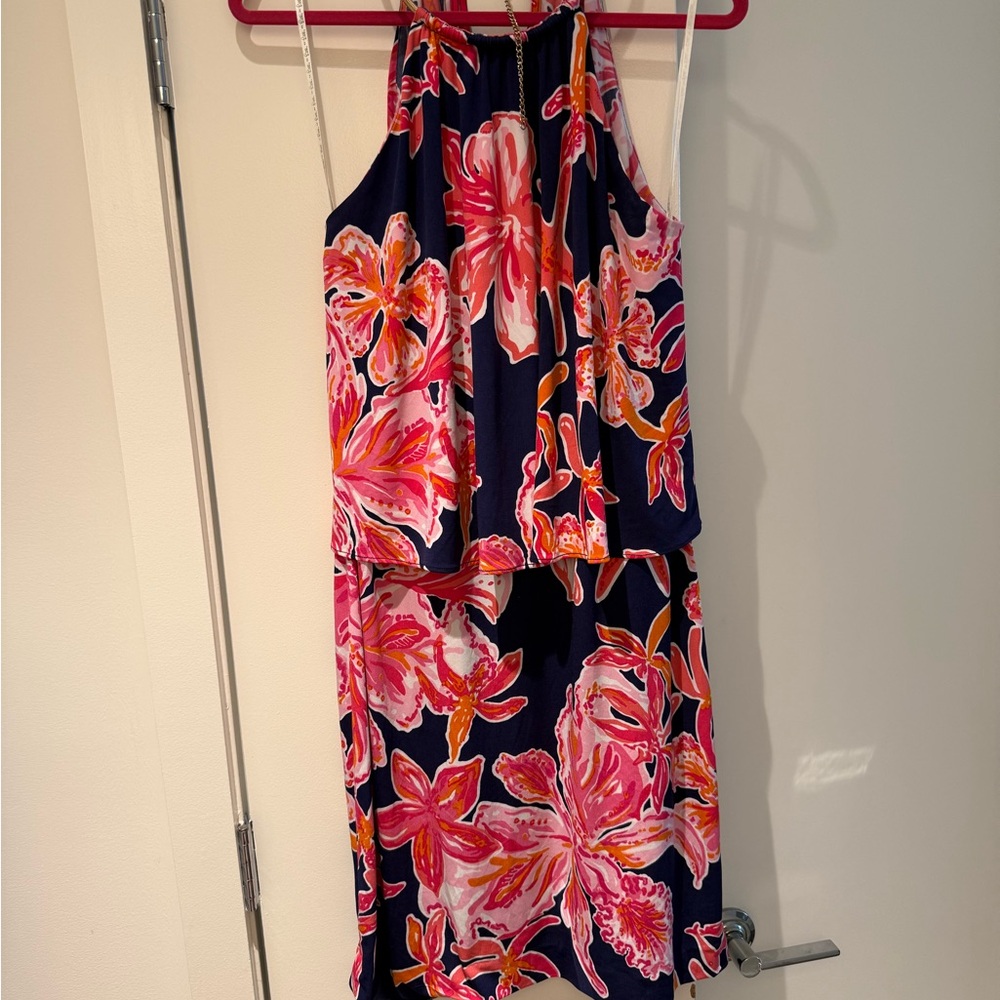Lilly Pulitzer Floral Lucia Halter Dress in Bright Navy Women Size LG